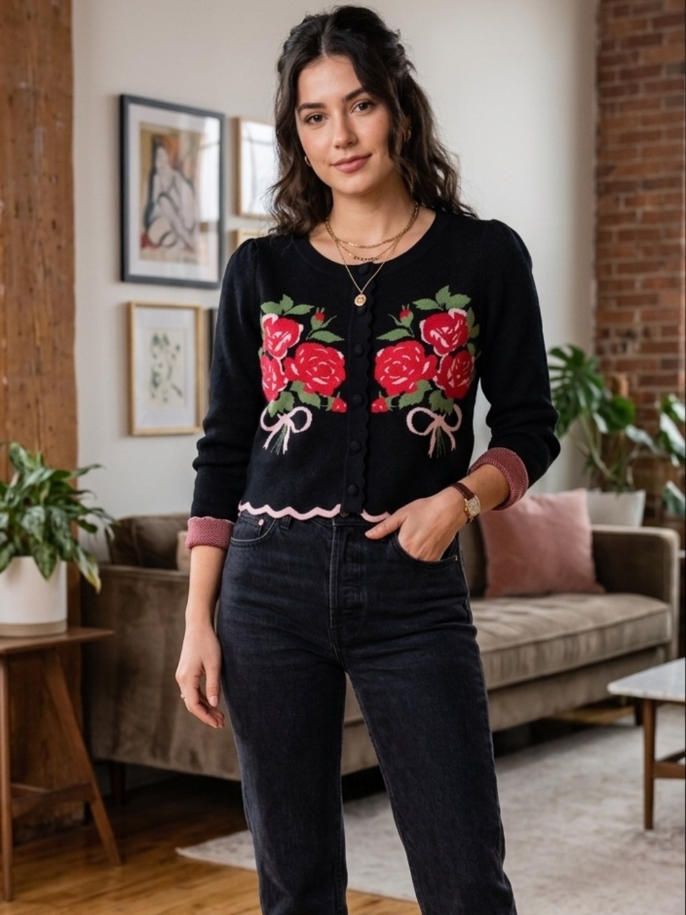 For Love & Lemons Black Cardigan with Red-Pink Interior